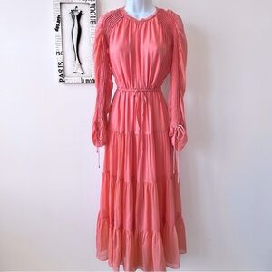 Ulla Johnson Noelle Dahlia Coral Silk Long Sleeve Wedding Guest Midi Dress Sz 2